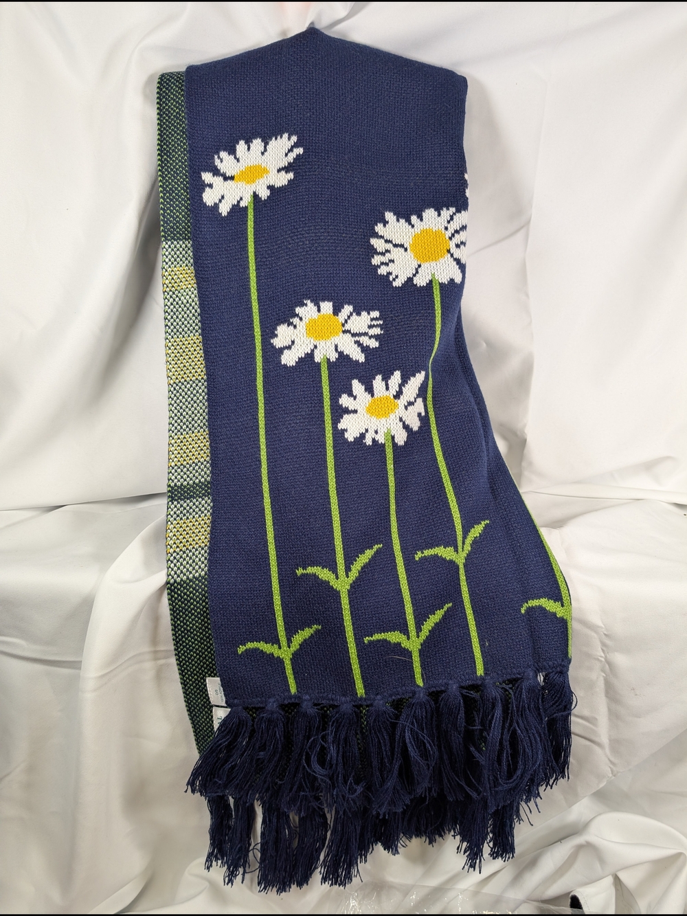 Daisy Knit Throw Scarf- Navy with White & Yellow Floral